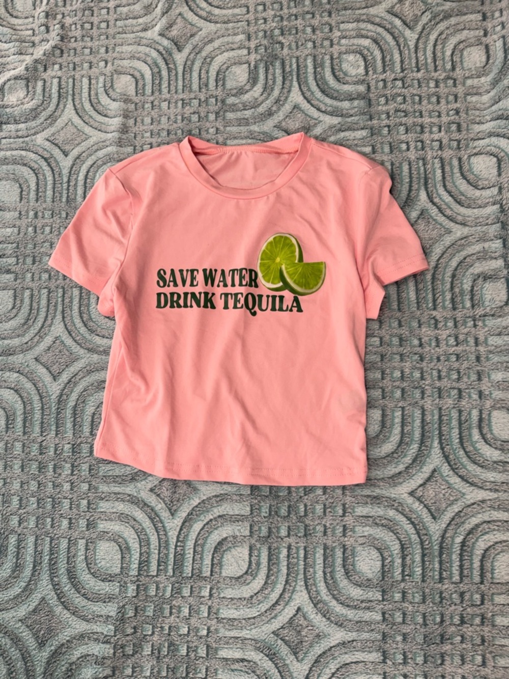 SHEIN Pink Crop Top "Save Water Drink Tequila" with Lime Graphic